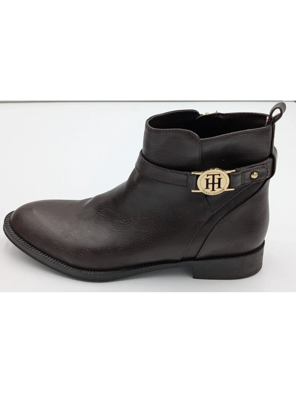 Tommy Hilfiger Women's Dark Brown Ankle Boots with Gold Logo Buckle and Side Zip